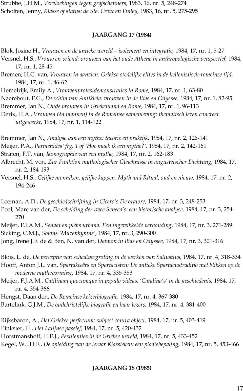 1, 28-45 Bremen, H.C. van, Vrouwen in aanzien: Griekse stedelijke elites in de hellenistisch-romeinse tijd, 1984, 17, nr. 1, 46-62 Hemelrijk, Emily A.