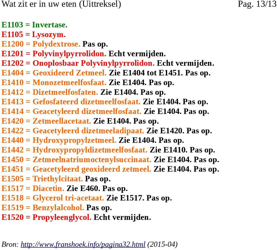 Zie E1404. Pas op. E1420 = Zetmeellacetaat. Zie E1404. Pas op. E1422 = Geacetyleerd dizetmeeladipaat. Zie E1420. Pas op. E1440 = Hydroxypropylzetmeel. Zie E1404. Pas op. E1442 = Hydroxypropyldizetmeelfosfaat.