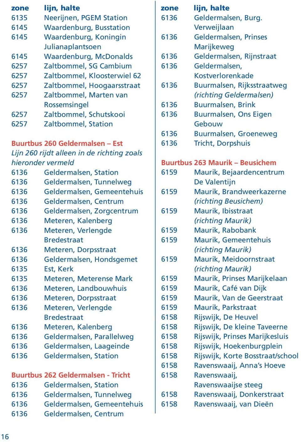 alleen in de richting zoals hieronder vermeld 6136 Geldermalsen, Station 6136 Geldermalsen, Tunnelweg 6136 Geldermalsen, Gemeentehuis 6136 Geldermalsen, Centrum 6136 Geldermalsen, Zorgcentrum 6136