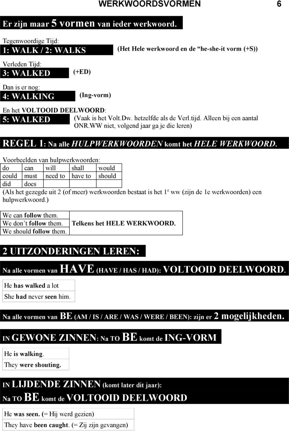 (Vaak is het Volt.Dw. hetzelfde als de Verl.tijd. Alleen bij een aantal ONR.WW niet, volgend jaar ga je die leren) 5: WALKED REGEL 1: Na alle HULPWERKWOORDEN komt het HELE WERKWOORD.