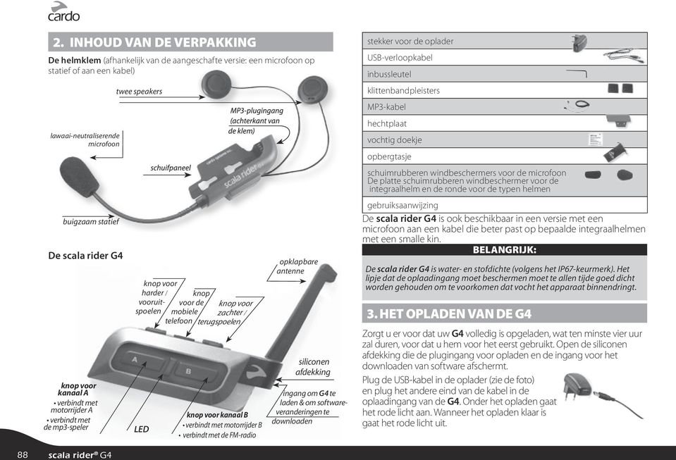 B verbindt met motorrijder B verbindt met de FM-radio opklapbare antenne siliconen afdekking ingang om G4 te laden & om softwareveranderingen te downloaden stekker voor de oplader USB-verloopkabel