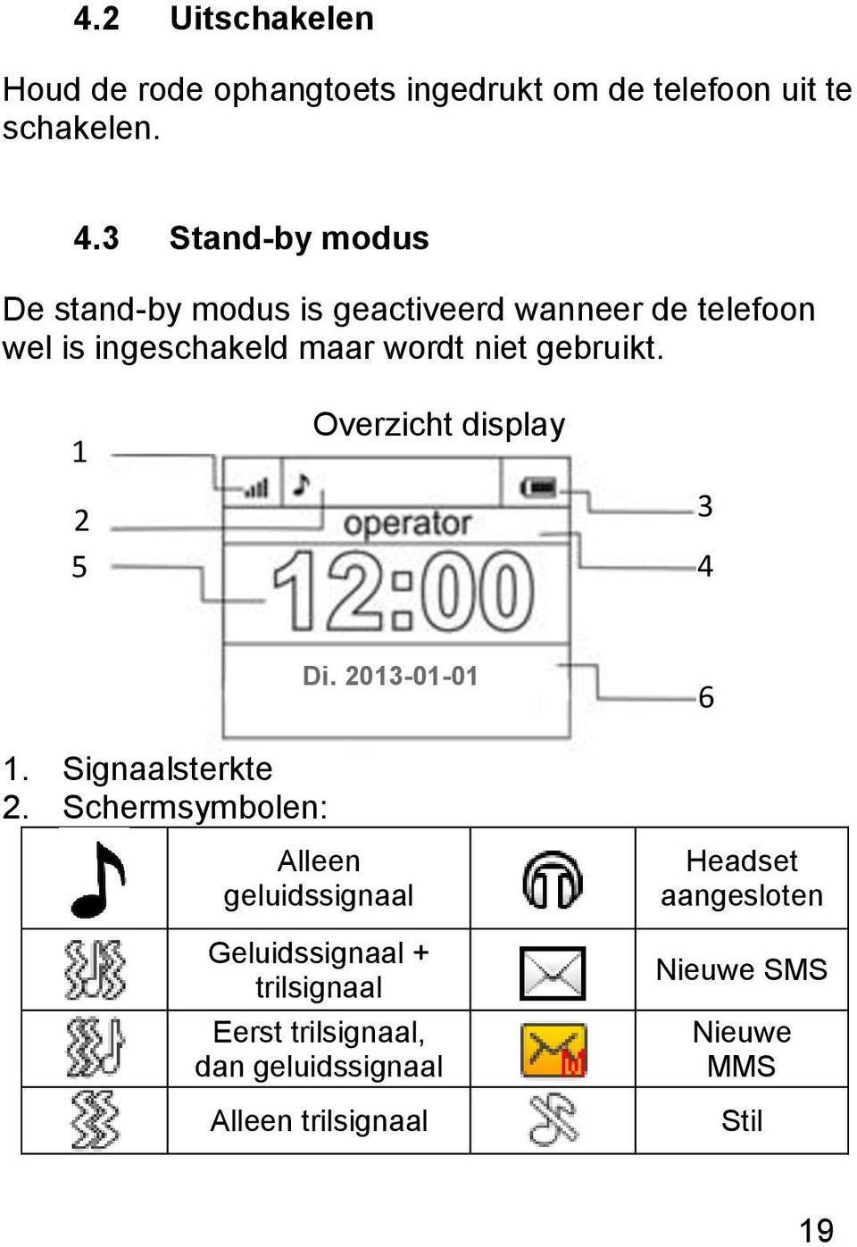 gebruikt. 1 2 5 Overzicht display 3 4 Di. 2013-01-01 6 1. Signaalsterkte 2.