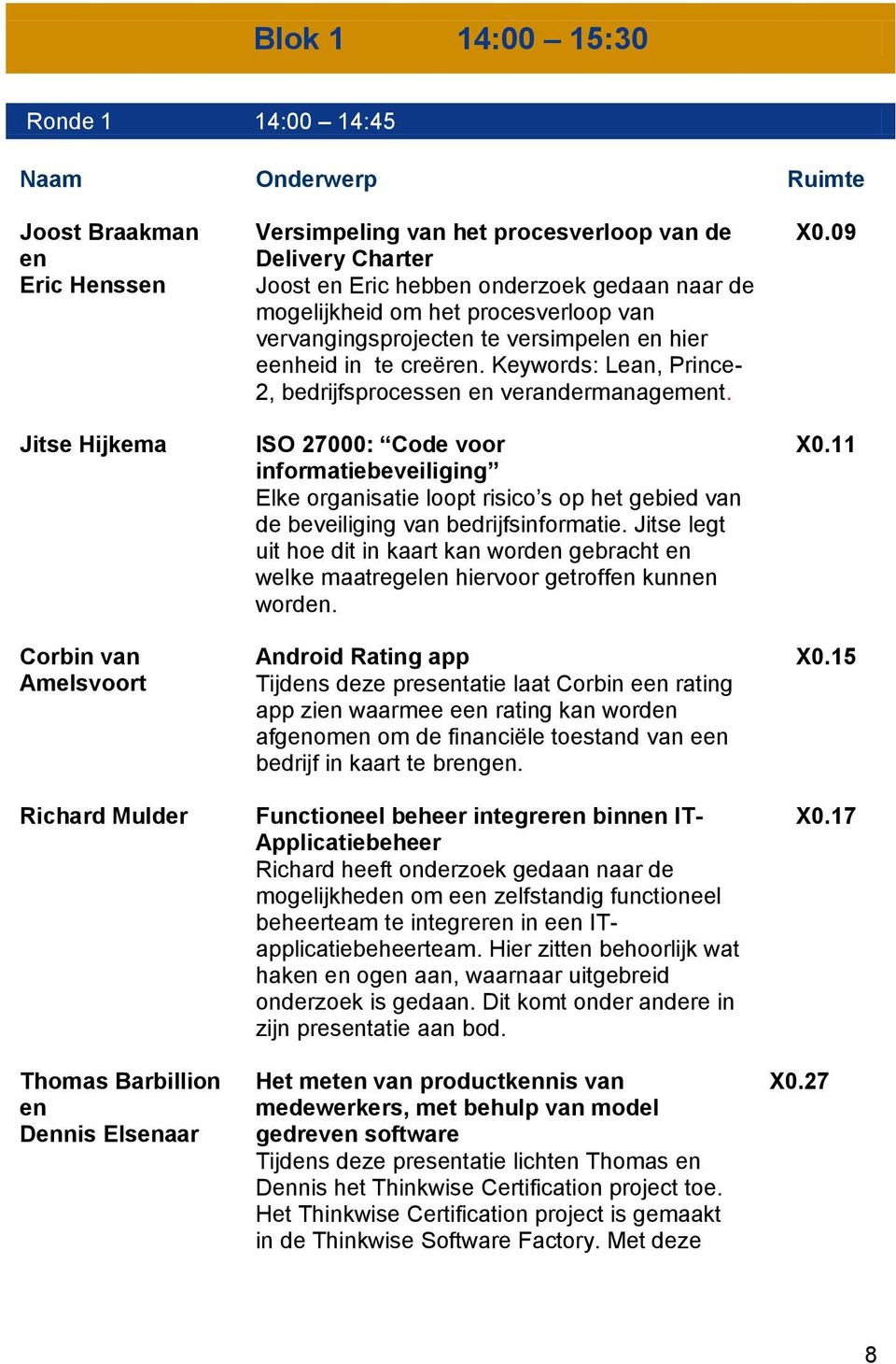 Keywords: Lean, Prince- 2, bedrijfsprocessen en verandermanagement. ISO 27000: Code voor informatiebeveiliging Elke organisatie loopt risico s op het gebied van de beveiliging van bedrijfsinformatie.