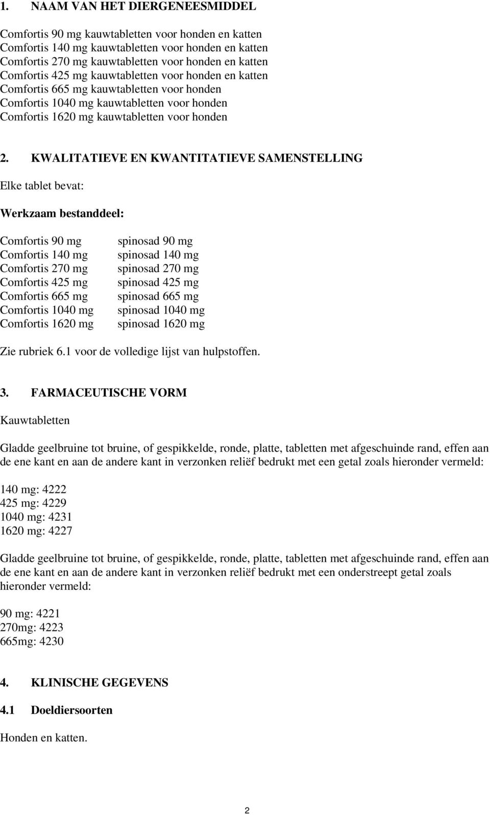 KWALITATIEVE EN KWANTITATIEVE SAMENSTELLING Elke tablet bevat: Werkzaam bestanddeel: Comfortis 90 mg Comfortis 140 mg Comfortis 270 mg Comfortis 425 mg Comfortis 665 mg Comfortis 1040 mg Comfortis