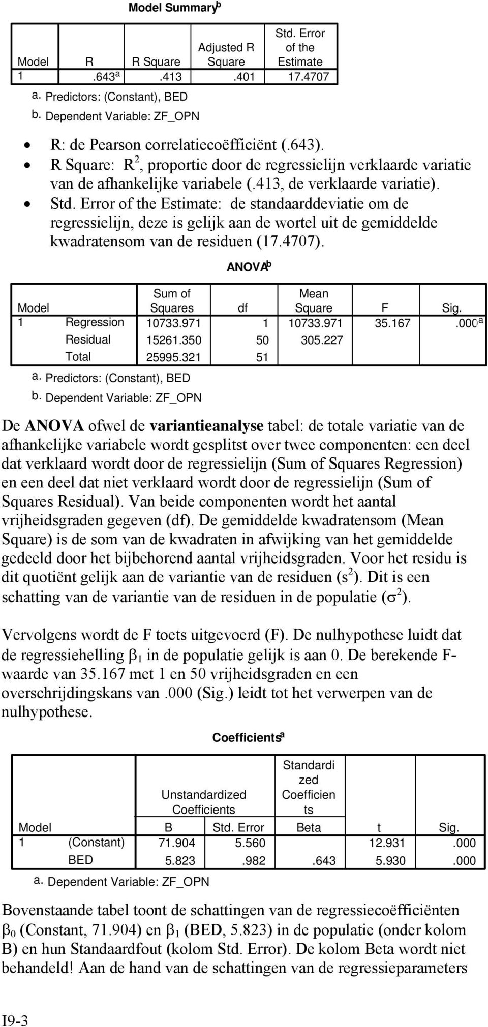 Error of the Estimate: de standaarddeviatie om de regressielijn, deze is gelijk aan de wortel uit de gemiddelde kwadratensom van de residuen (7.4707).