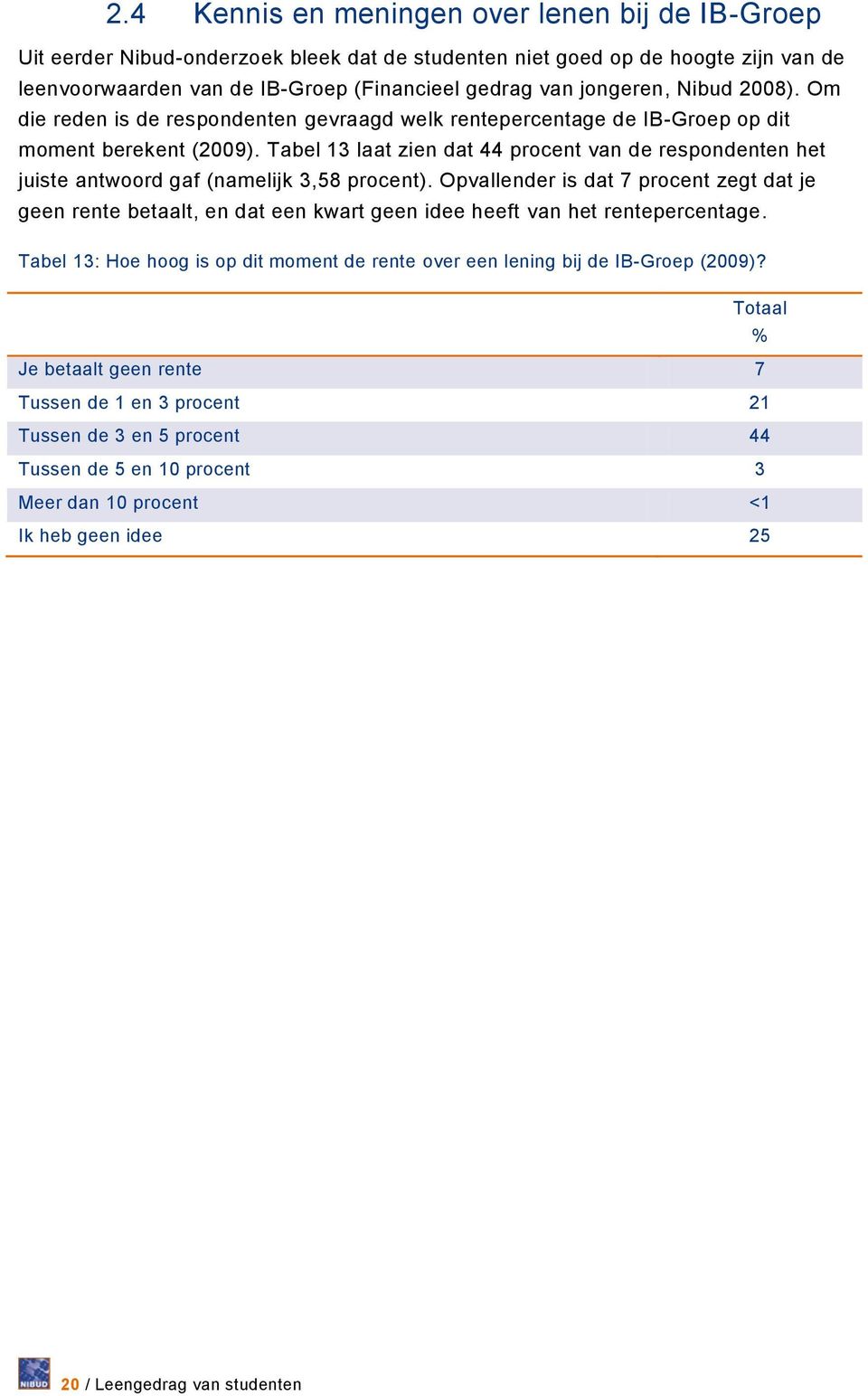 Tabel 13 laat zien dat 44 procent van de respondenten het juiste antwoord gaf (namelijk 3,58 procent).