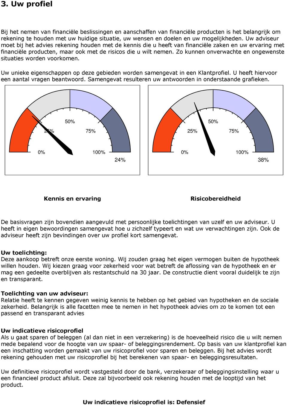 Zo kunnen onverwachte en ongewenste situaties worden voorkomen. Uw unieke eigenschappen op deze gebieden worden samengevat in een Klantprofiel. U heeft hiervoor een aantal vragen beantwoord.