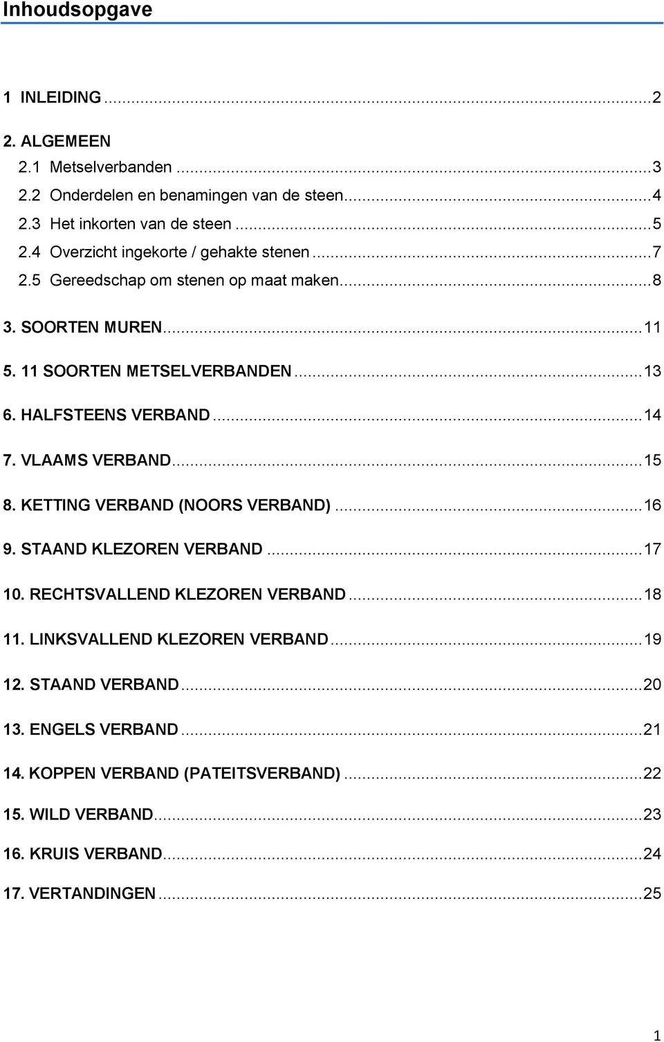 HALFSTEENS VERBAND... 14 7. VLAAMS VERBAND... 15 8. KETTING VERBAND (NOORS VERBAND)... 16 9. STAAND KLEZOREN VERBAND... 17 10. RECHTSVALLEND KLEZOREN VERBAND... 18 11.