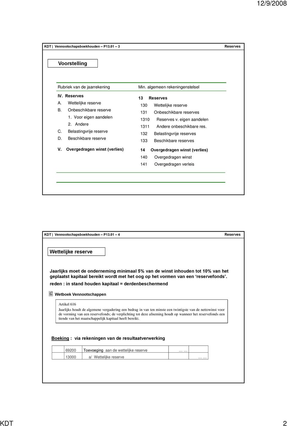 132 Belastingvrije reserves 133 Beschikbare reserves V. Overgedragen winst (verlies) 14 Overgedragen winst (verlies) 140 Overgedragen winst 141 Overgedragen verleis KDT Vennootschapsboekhouden P13.