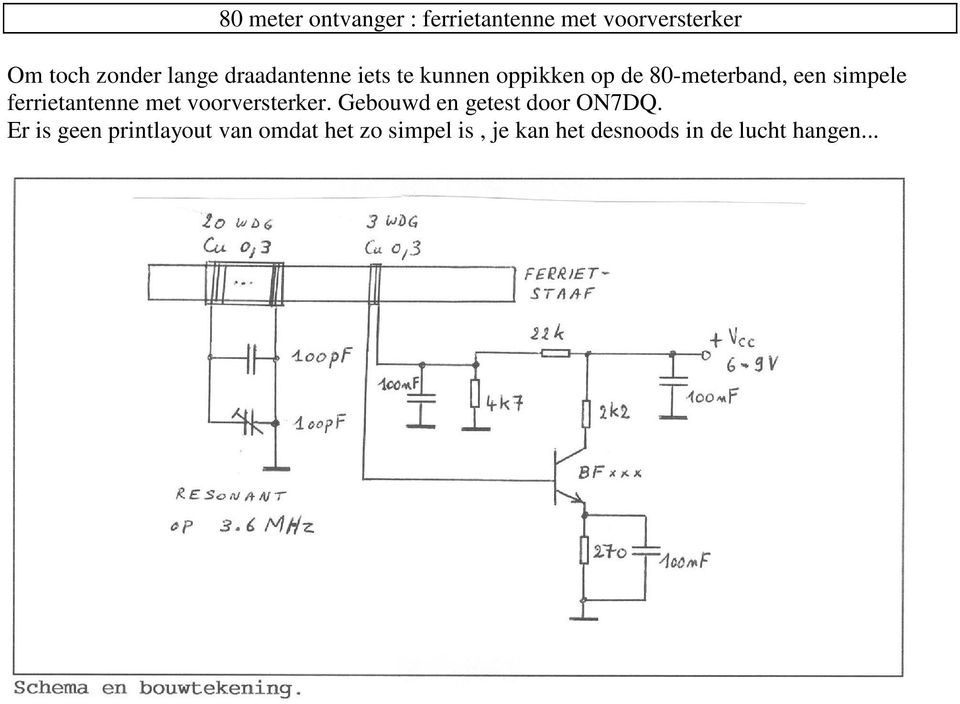 ferrietantenne met voorversterker. Gebouwd en getest door ON7DQ.