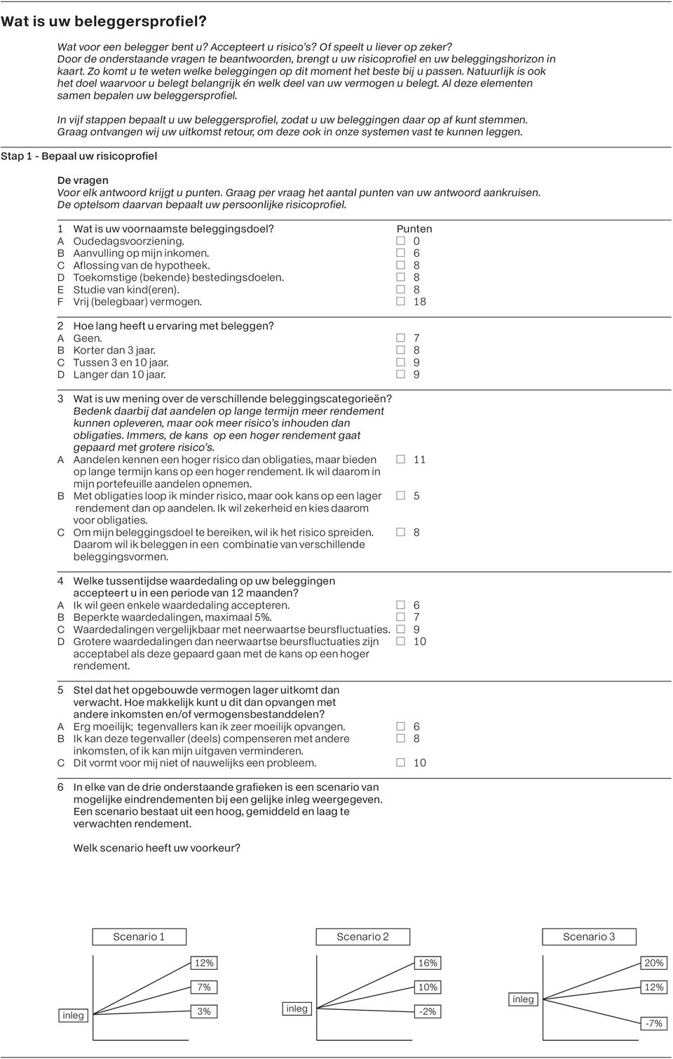 Natuurlijk is ook het doel waarvoor u belegt belangrijk én welk deel van uw vermogen u belegt. Al deze elementen samen bepalen uw beleggersprofiel.