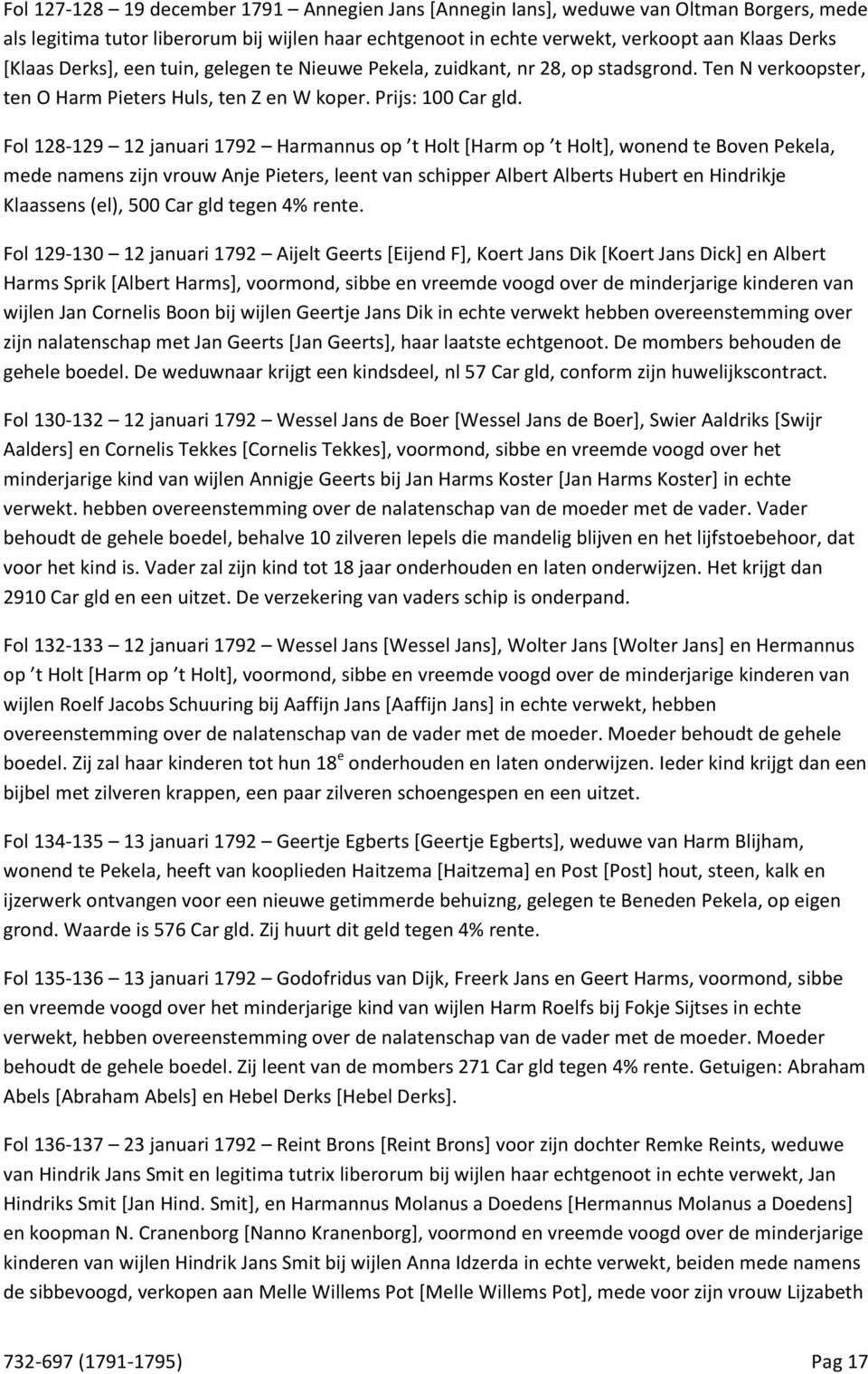 Fol 128-129 12 januari 1792 Harmannus op t Holt [Harm op t Holt], wonend te Boven Pekela, mede namens zijn vrouw Anje Pieters, leent van schipper Albert Alberts Hubert en Hindrikje Klaassens (el),