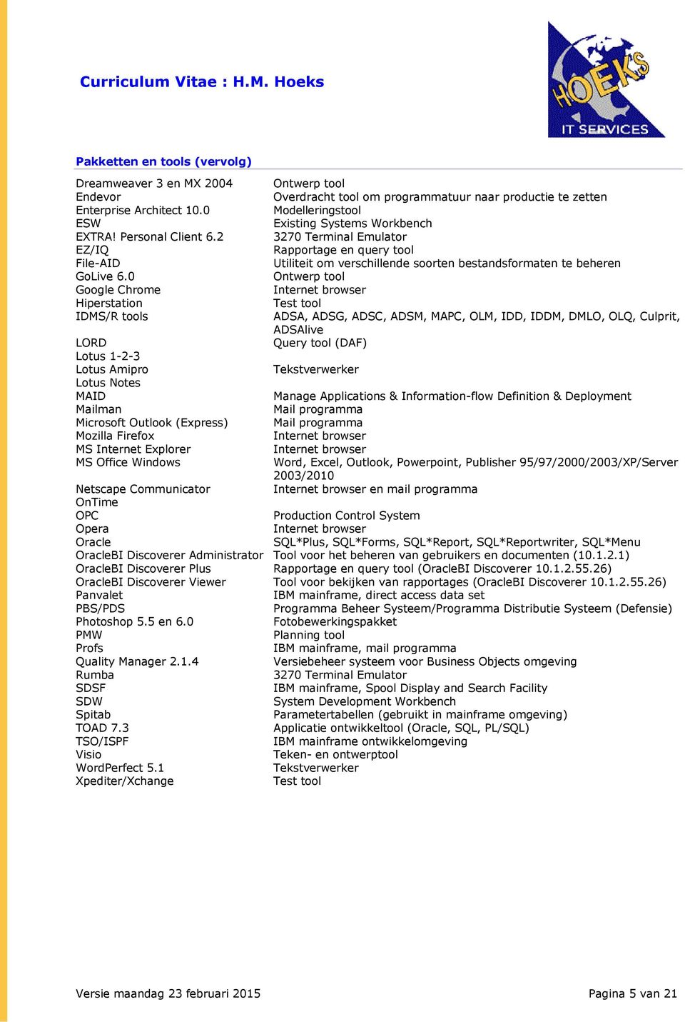 Overdracht tool om programmatuur naar productie te zetten Modelleringstool Existing Systems Workbench 3270 Terminal Emulator Rapportage en query tool Utiliteit om verschillende soorten