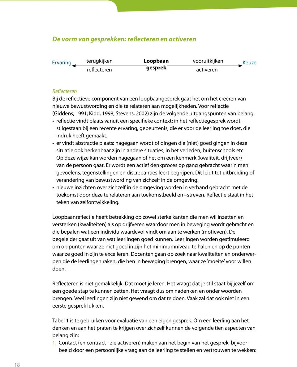 Voor reflectie (Giddens, 1991; Kidd, 1998; Stevens, 2002) zijn de volgende uitgangspunten van belang: reflectie vindt plaats vanuit een specifieke context: in het reflectiegesprek wordt stilgestaan