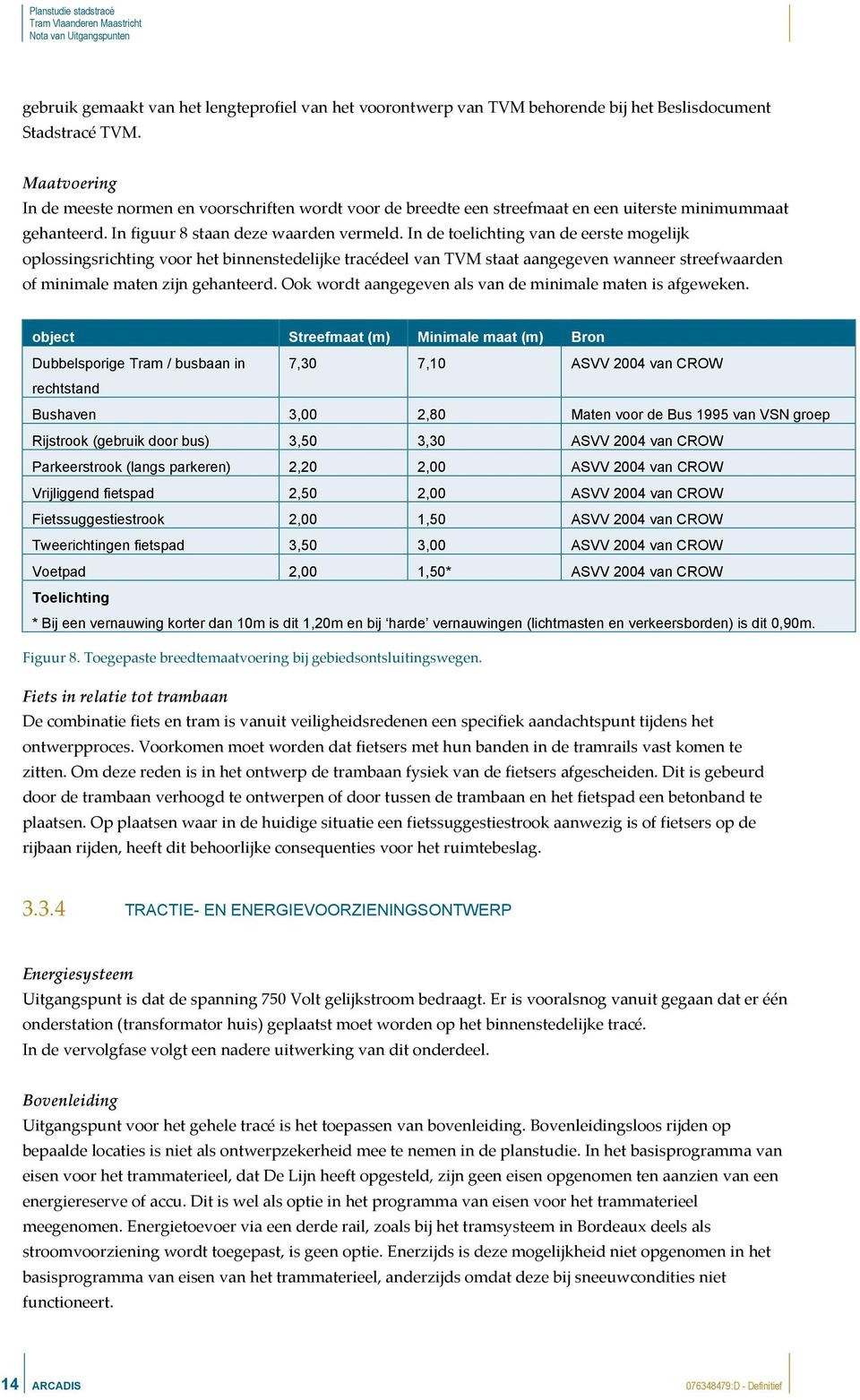 In de toelichting van de eerste mogelijk oplossingsrichting voor het binnenstedelijke tracédeel van TVM staat aangegeven wanneer streefwaarden of minimale maten zijn gehanteerd.