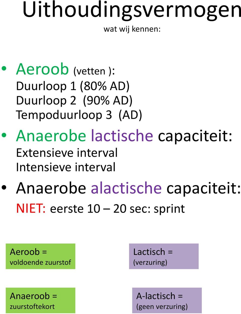 Intensieve interval Anaerobe alactische capaciteit: NIET: eerste 10 20 sec: sprint