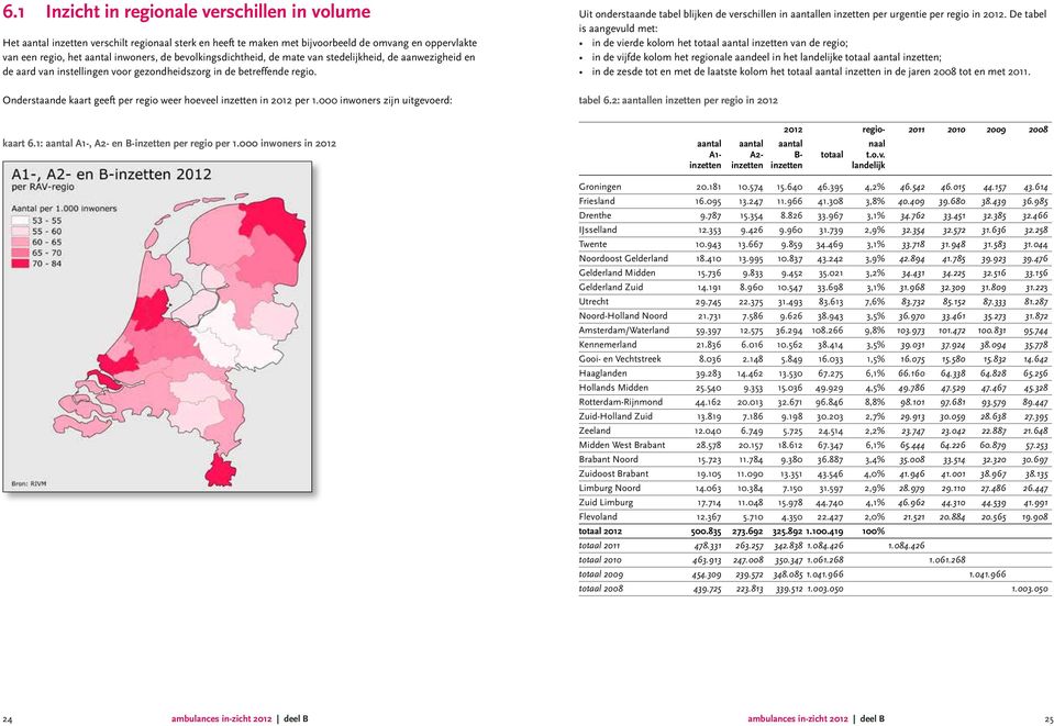 Onderstaande kaart geeft per regio weer hoeveel inzetten in 2012 per 1.000 inwoners zijn uitgevoerd: Uit onderstaande tabel blijken de verschillen in aantallen inzetten per urgentie per regio in 2012.