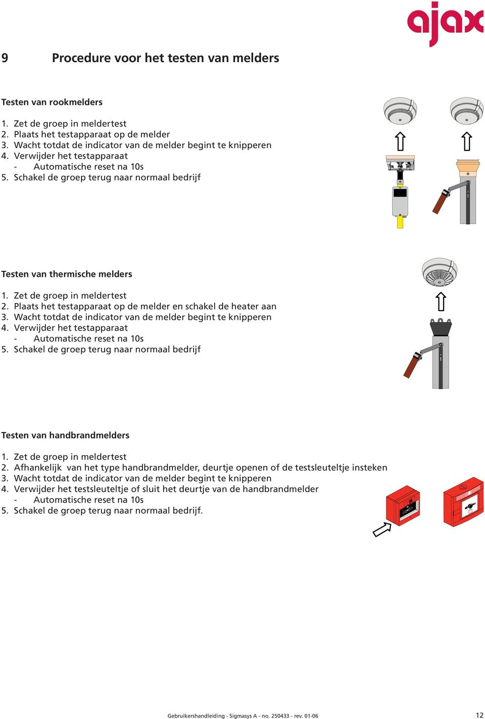 Plaats het testapparaat op de melder en schakel de heater aan. Wacht totdat de indicator van de melder begint te knipperen. Verwijder het testapparaat - Automatische reset na 0s 5.