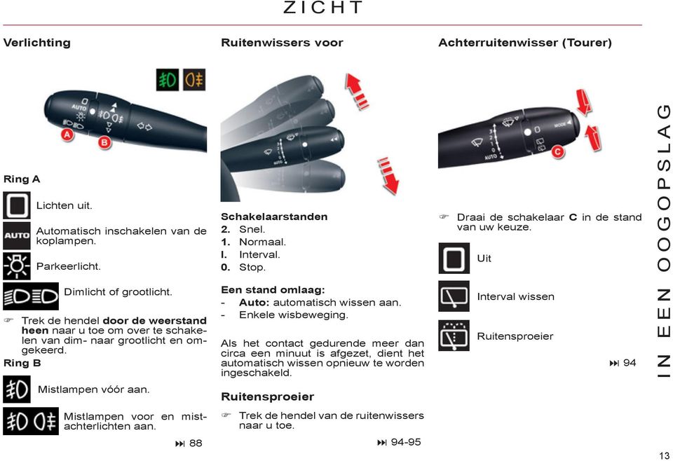 88 Schakelaarstanden. Snel.. Normaal. I. Interval. 0. Stop. Een stand omlaag: - Auto: automatisch wissen aan. - Enkele wisbeweging.