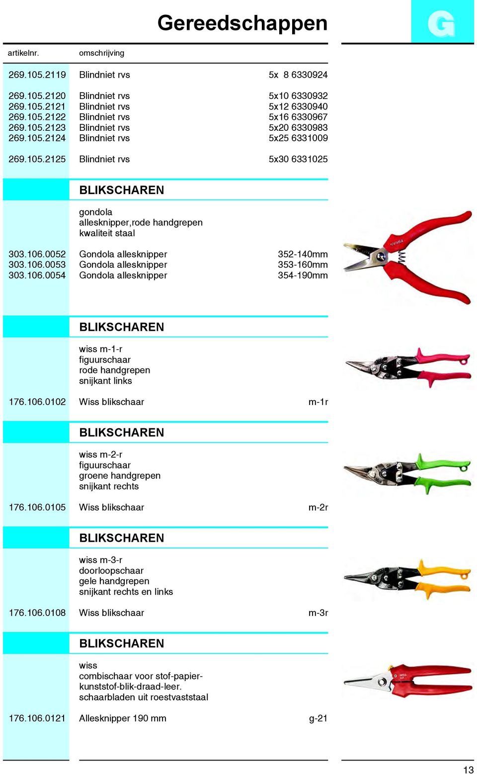 106.0054 Gondola allesknipper 354-190mm BLIKSCHAREN wiss m-1-r figuurschaar rode handgrepen snijkant links 176.106.0102 Wiss blikschaar m-1r BLIKSCHAREN wiss m-2-r figuurschaar groene handgrepen snijkant rechts 176.