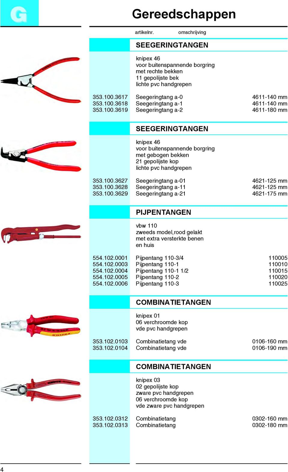 100.3628 Seegeringtang a-11 4621-125 mm 353.100.3629 Seegeringtang a-21 4621-175 mm PIJPENTANGEN vbw 110 zweeds model,rood gelakt met extra versterkte benen en huis 554.102.