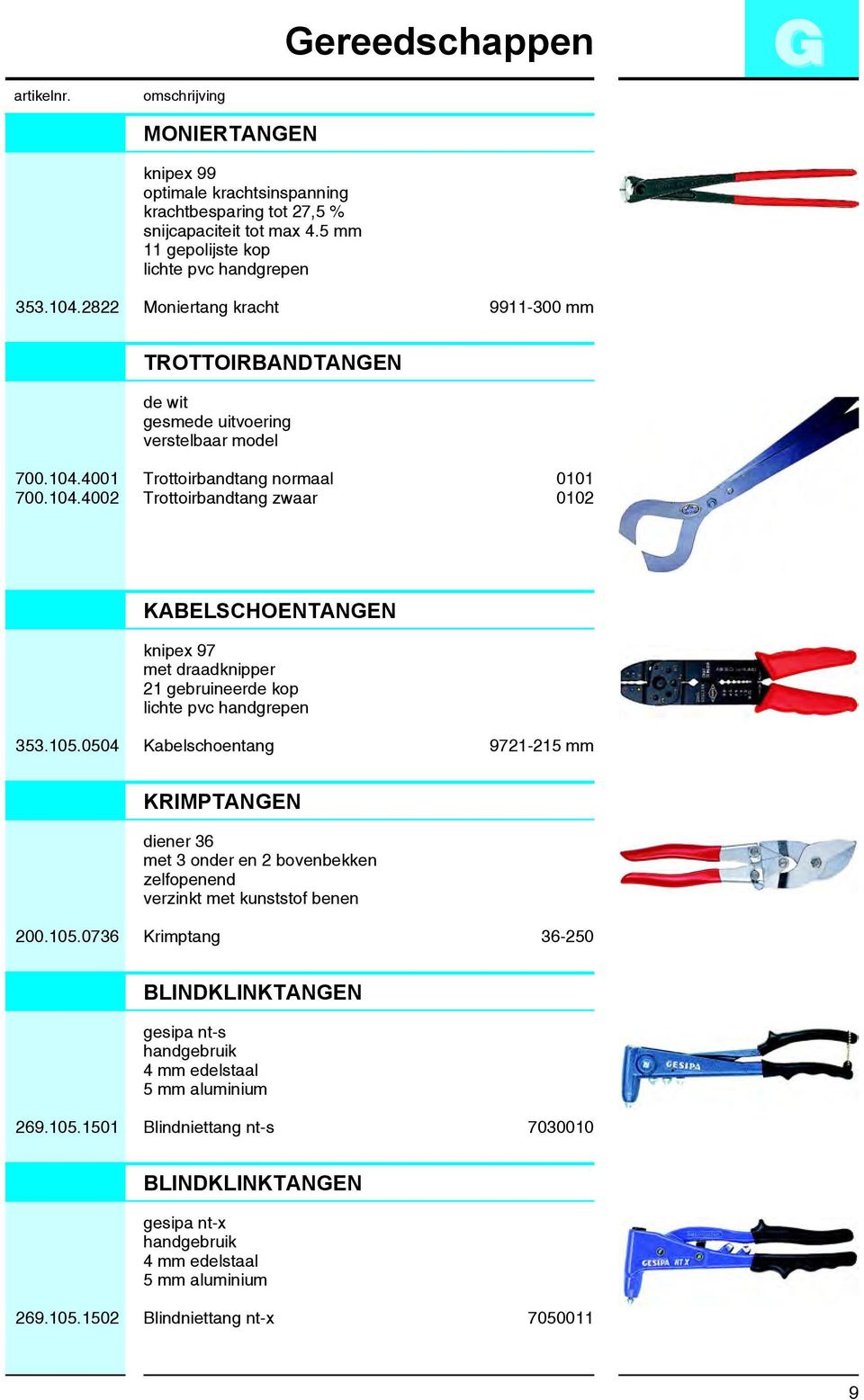 4001 Trottoirbandtang normaal 0101 700.104.4002 Trottoirbandtang zwaar 0102 KABELSCHOENTANGEN knipex 97 met draadknipper 21 gebruineerde kop lichte pvc handgrepen 353.105.