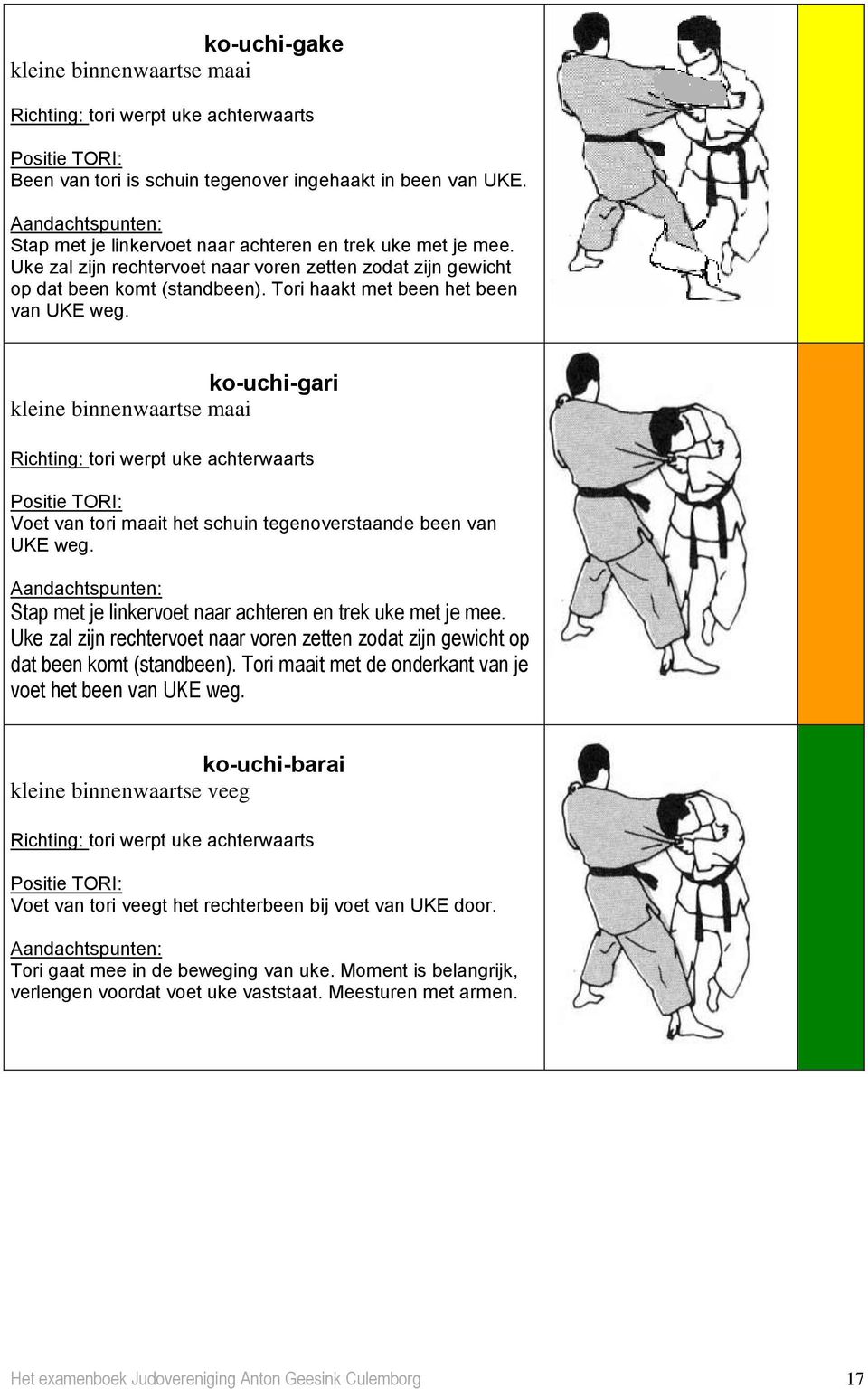 ko-uchi-gari kleine binnenwaartse maai Richting: tori werpt uke achterwaarts Positie TORI: Voet van tori maait het schuin tegenoverstaande been van UKE weg.