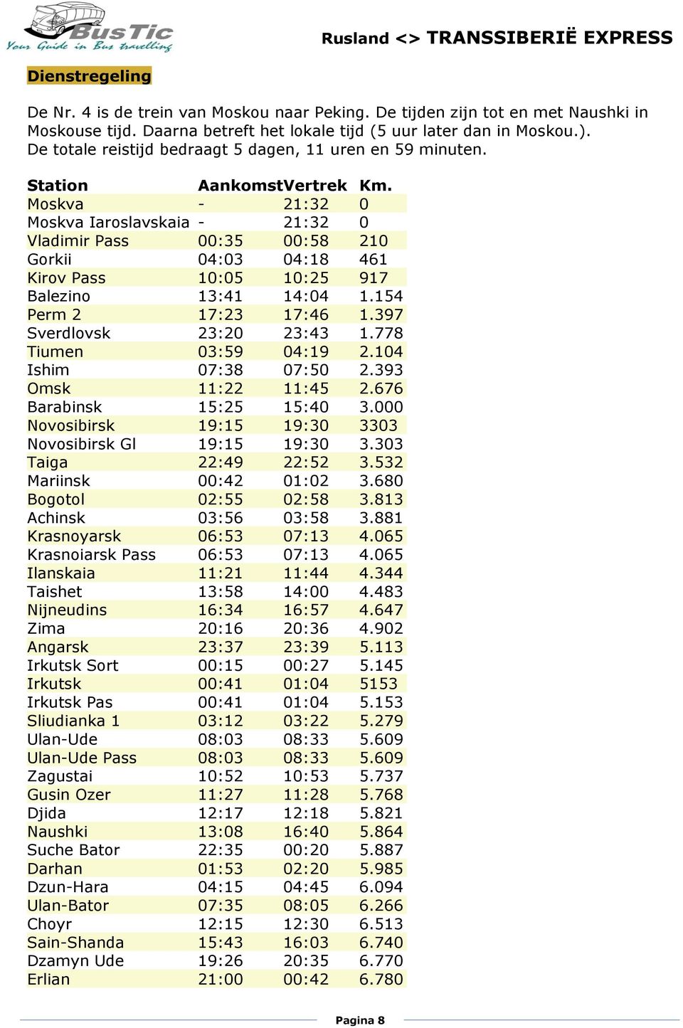 Moskva - 21:32 0 Moskva Iaroslavskaia - 21:32 0 Vladimir Pass 00:35 00:58 210 Gorkii 04:03 04:18 461 Kirov Pass 10:05 10:25 917 Balezino 13:41 14:04 1.154 Perm 2 17:23 17:46 1.