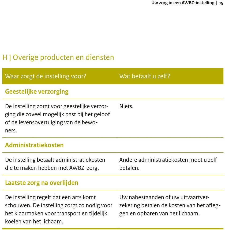 Andere administratiekosten moet u zelf betalen. Laatste zorg na overlijden De instelling regelt dat een arts komt schouwen.