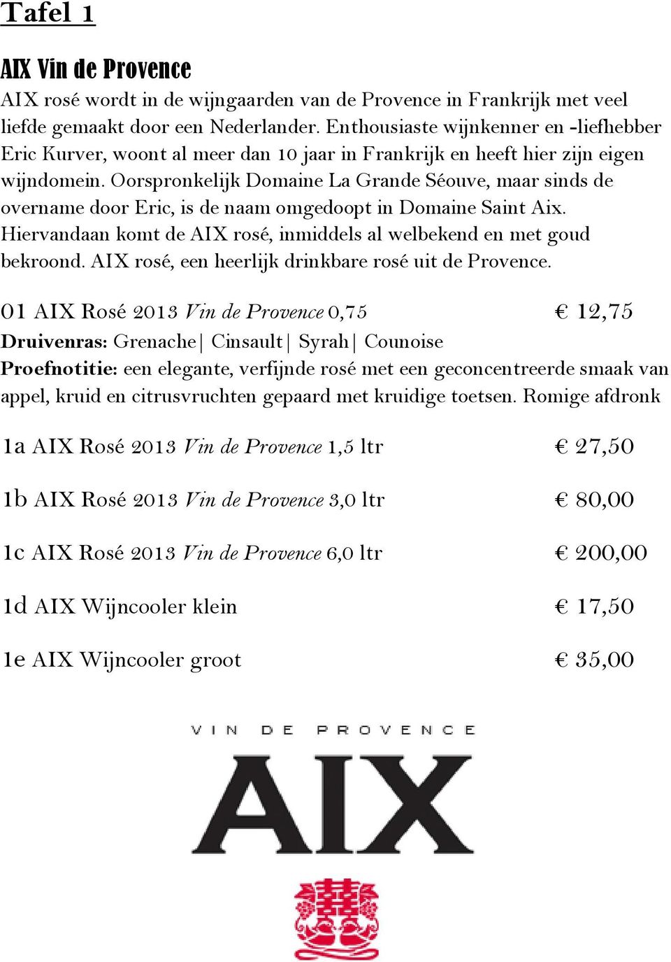 Oorspronkelijk Domaine La Grande Séouve, maar sinds de overname door Eric, is de naam omgedoopt in Domaine Saint Aix. Hiervandaan komt de AIX rosé, inmiddels al welbekend en met goud bekroond.