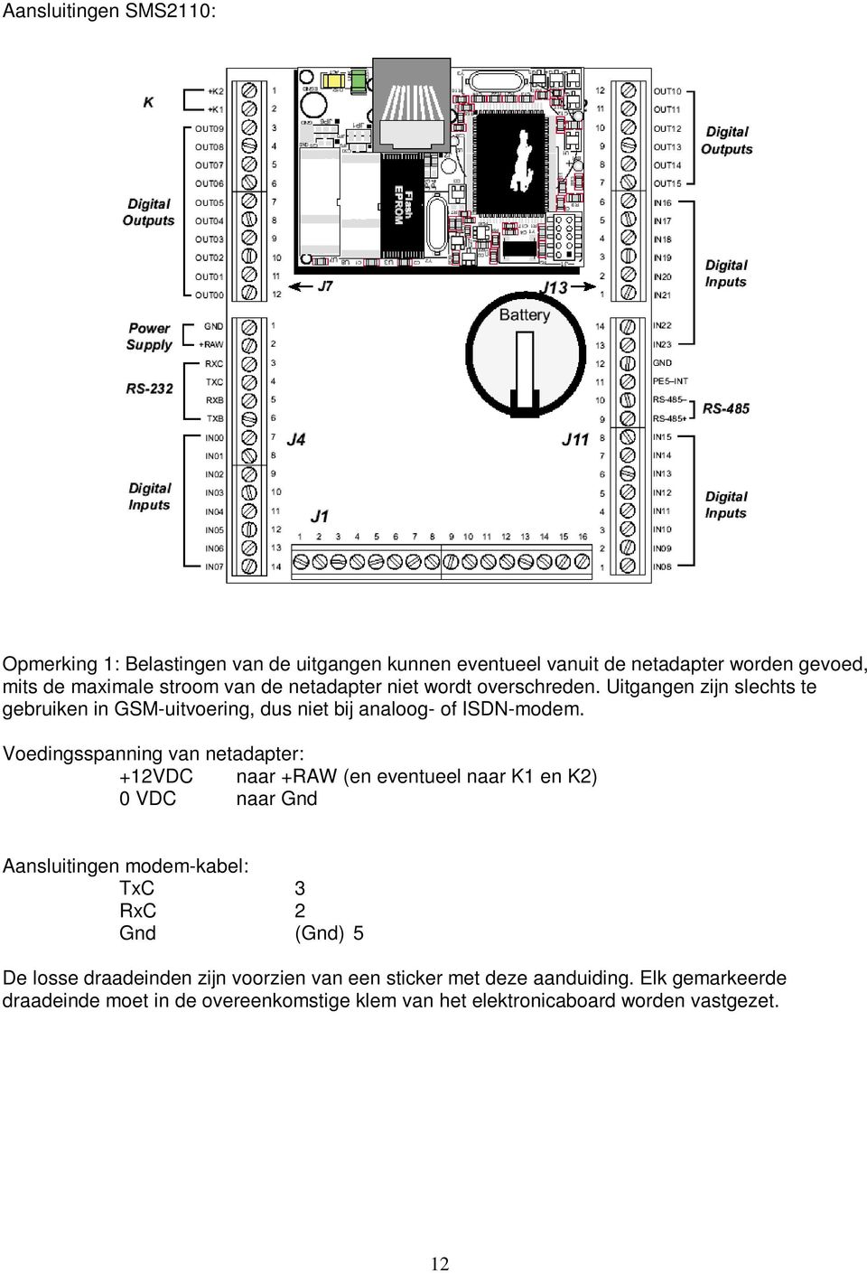 Voedingsspanning van netadapter: +12VDC naar +RAW (en eventueel naar K1 en K2) 0 VDC naar Gnd Aansluitingen modem-kabel: TxC 3 RxC 2 Gnd (Gnd) 5 De