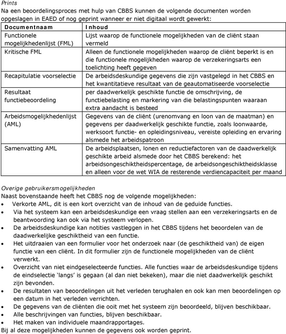 staan vermeld Alleen de functionele mogelijkheden waarop de cliënt beperkt is en die functionele mogelijkheden waarop de verzekeringsarts een toelichting heeft gegeven De arbeidsdeskundige gegevens