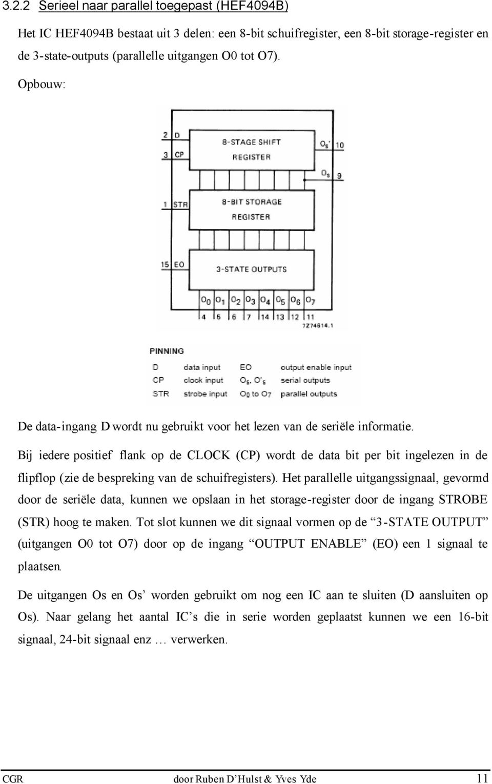 Bij iedere positief flank op de CLOCK (CP) wordt de data bit per bit ingelezen in de flipflop (zie de bespreking van de schuifregisters).