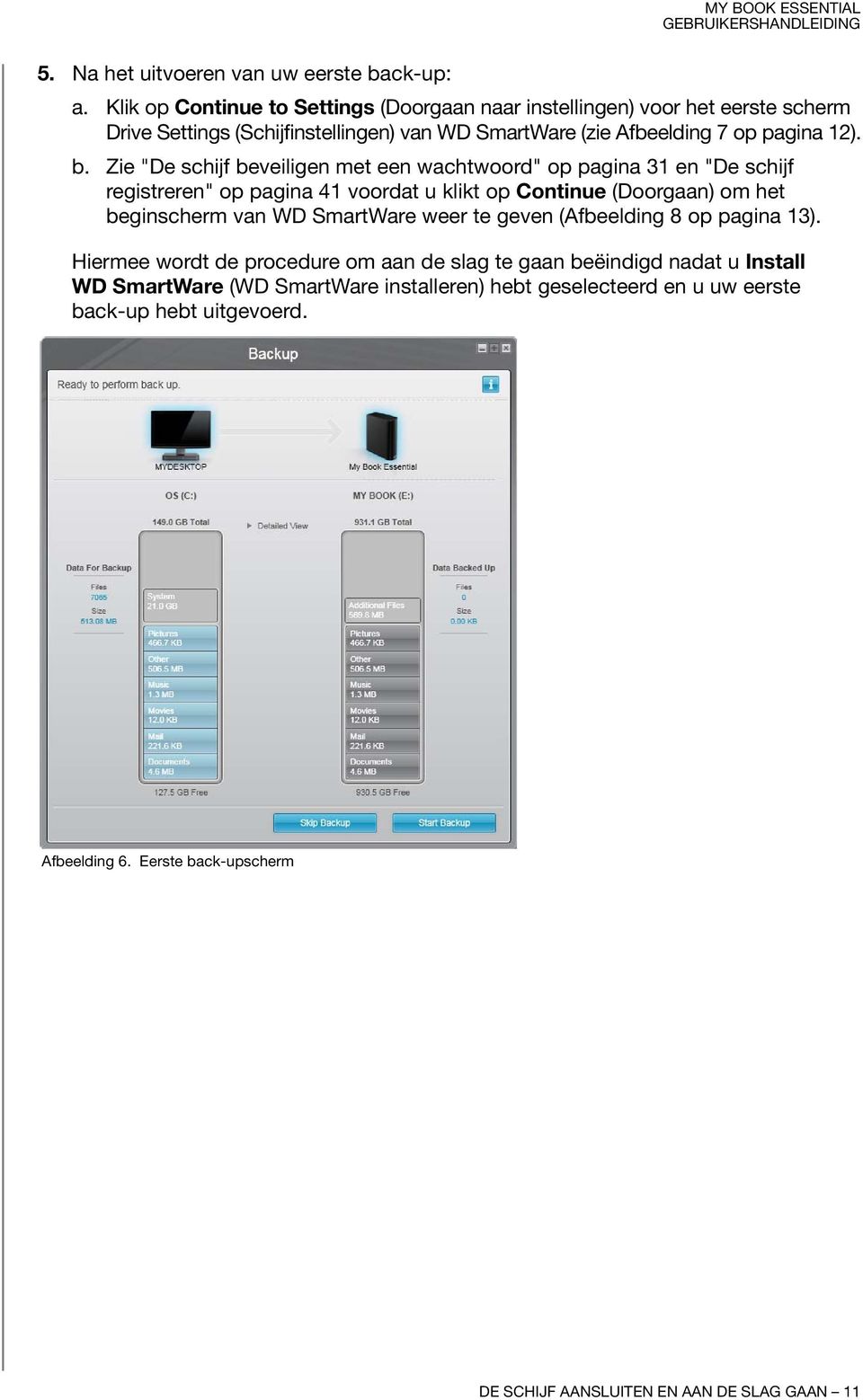 Zie "De schijf beveiligen met een wachtwoord" op pagina 31 en "De schijf registreren" op pagina 41 voordat u klikt op Continue (Doorgaan) om het beginscherm van WD