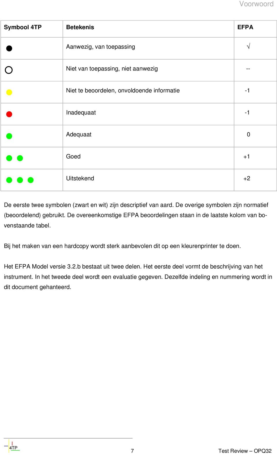 De overeenkomstige EFPA beoordelingen staan in de laatste kolom van bovenstaande tabel. Bij het maken van een hardcopy wordt sterk aanbevolen dit op een kleurenprinter te doen.