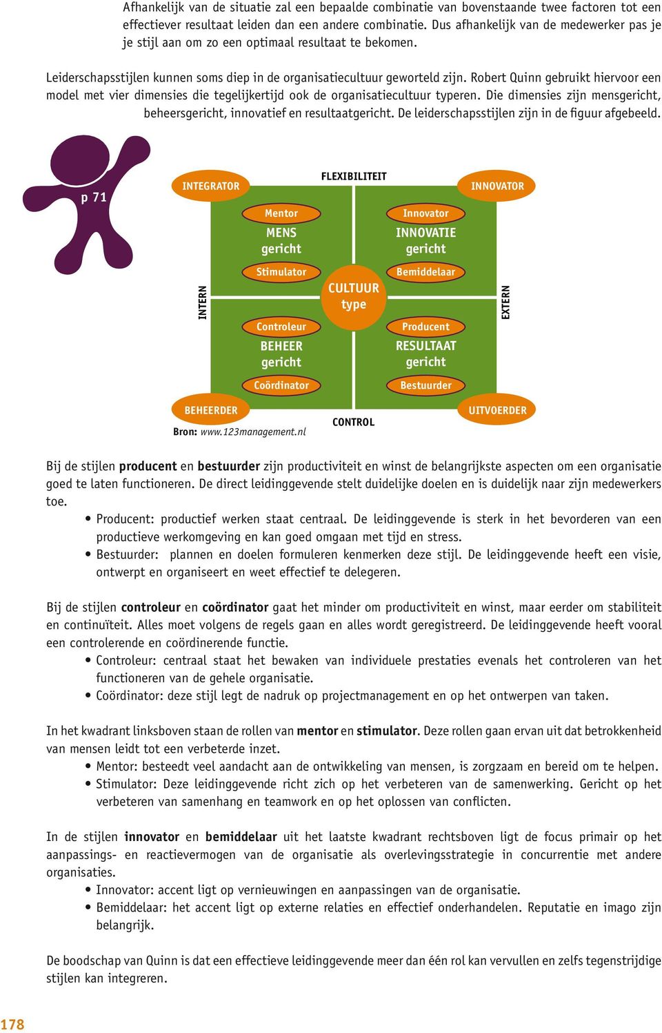 Robert Quinn gebruikt hiervoor een model met vier dimensies die tegelijkertijd ook de organisatiecultuur typeren. Die dimensies zijn mensgericht, beheersgericht, innovatief en resultaatgericht.