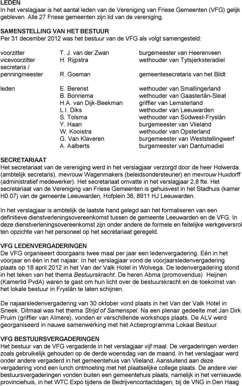 Rijpstra wethouder van Tytsjerksteradiel secretaris / penningmeester R. Goeman gemeentesecretaris van het Bildt leden E. Berenst wethouder van Smallingerland B.