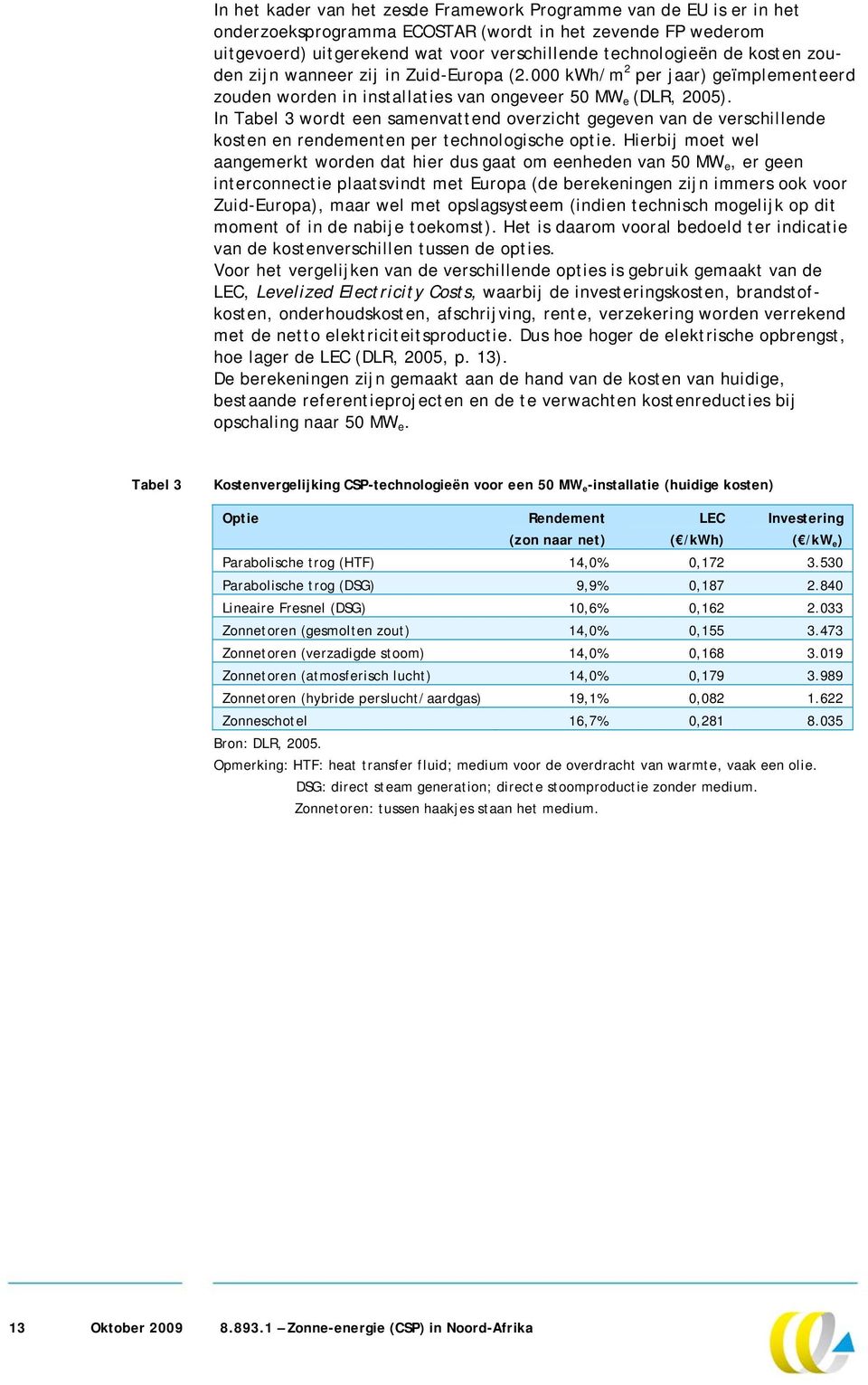 In Tabel 3 wordt een samenvattend overzicht gegeven van de verschillende kosten en rendementen per technologische optie.