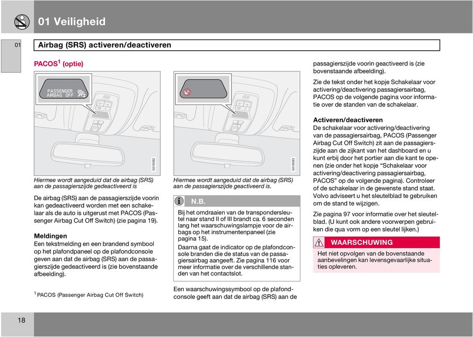 Meldingen Een tekstmelding en een brandend symbool op het plafondpaneel op de plafondconsole geven aan dat de airbag (SRS) aan de passagierszijde gedeactiveerd is (zie bovenstaande afbeelding).