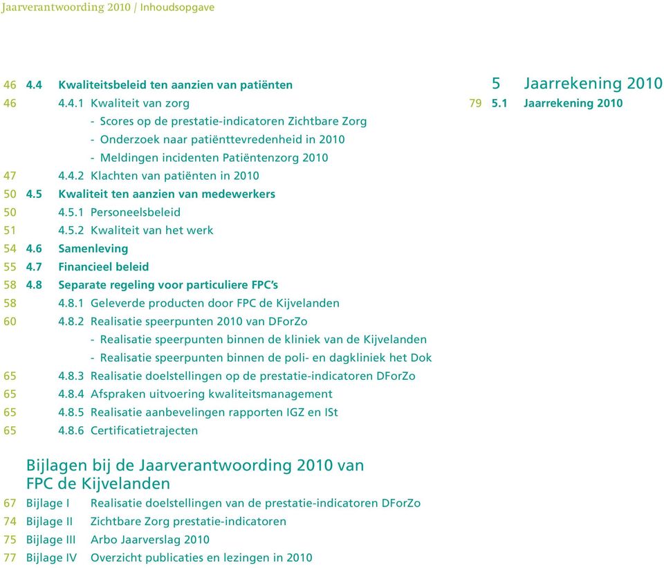 4.2 Klachten van patiënten in 2010 50 4.5 Kwaliteit ten aanzien van medewerkers 50 4.5.1 Personeelsbeleid 51 4.5.2 Kwaliteit van het werk 54 4.6 Samenleving 55 4.7 Financieel beleid 58 4.