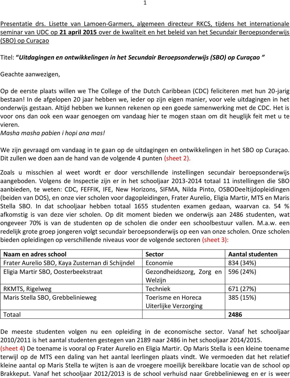 Titel: Uitdagingen en ontwikkelingen in het Secundair Beroepsonderwijs (SBO) op Curaçao Geachte aanwezigen, Op de eerste plaats willen we The College of the Dutch Caribbean (CDC) feliciteren met hun