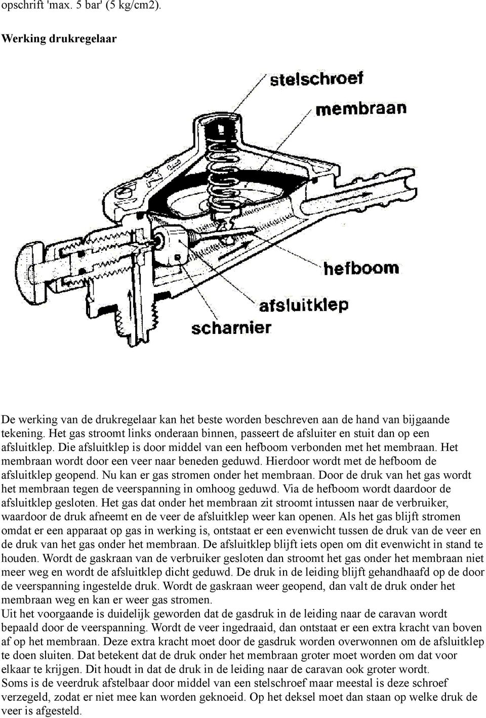 Het membraan wordt door een veer naar beneden geduwd. Hierdoor wordt met de hefboom de afsluitklep geopend. Nu kan er gas stromen onder het membraan.