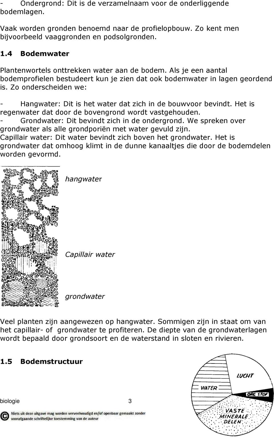 Zo onderscheiden we: - Hangwater: Dit is het water dat zich in de bouwvoor bevindt. Het is regenwater dat door de bovengrond wordt vastgehouden. - Grondwater: Dit bevindt zich in de ondergrond.