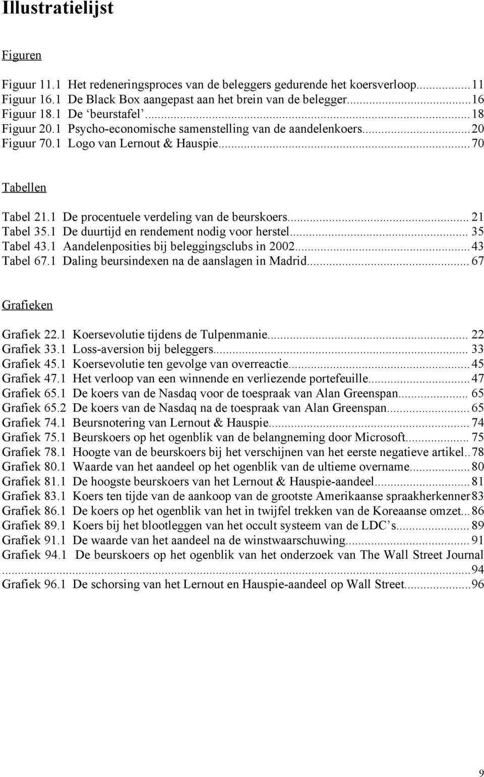 .. 21 Tabel 35.1 De duurtijd en rendement nodig voor herstel... 35 Tabel 43.1 Aandelenposities bij beleggingsclubs in 2002...43 Tabel 67.1 Daling beursindexen na de aanslagen in Madrid.