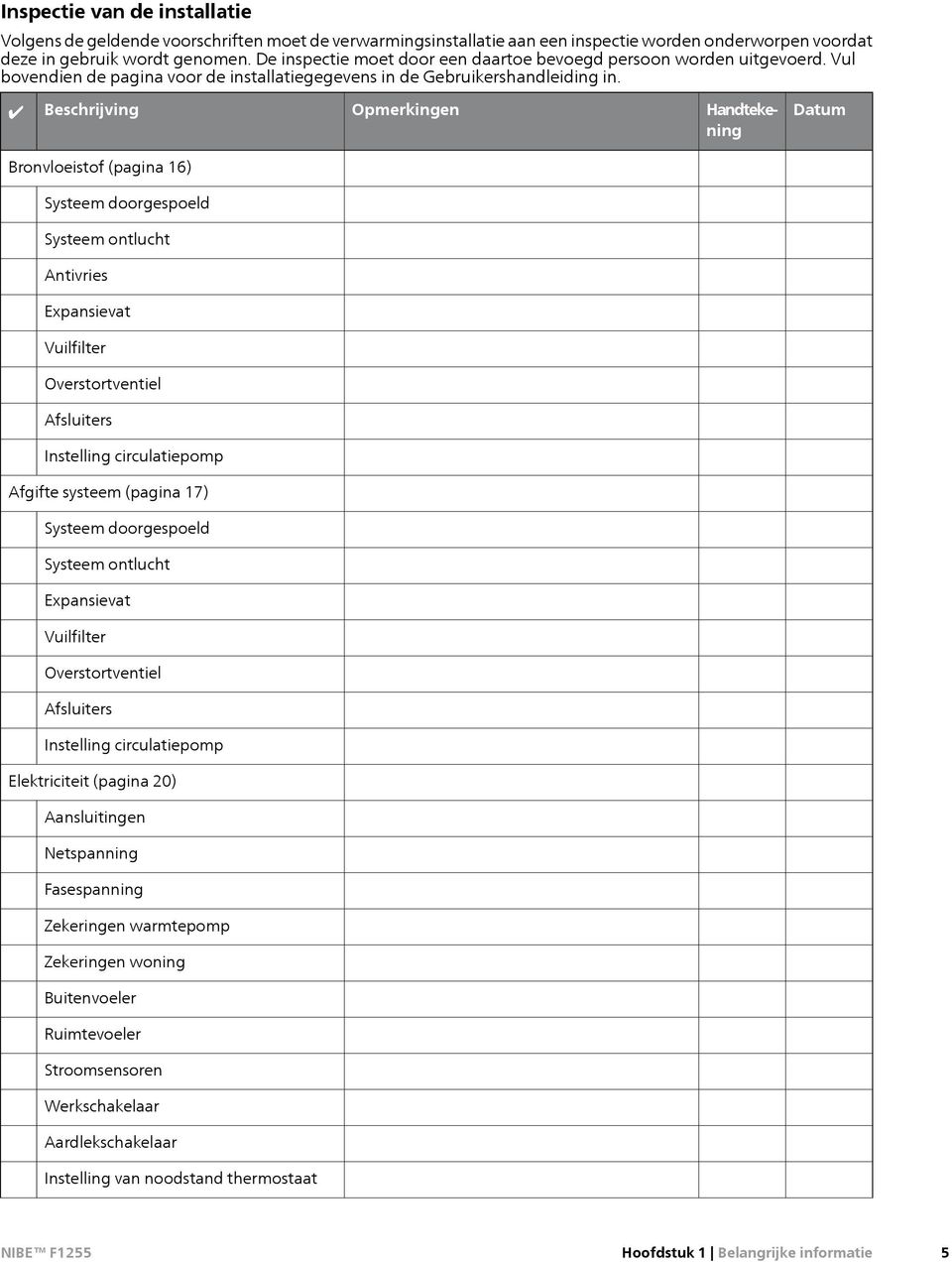 Beschrijving Opmerkingen Handtekening Datum Brvloeistof (pagina 16) Systeem doorgespoeld Systeem tlucht Antivries Expansievat Vuilfilter Overstortventiel Afsluiters Instelling circulatiepomp Afgifte