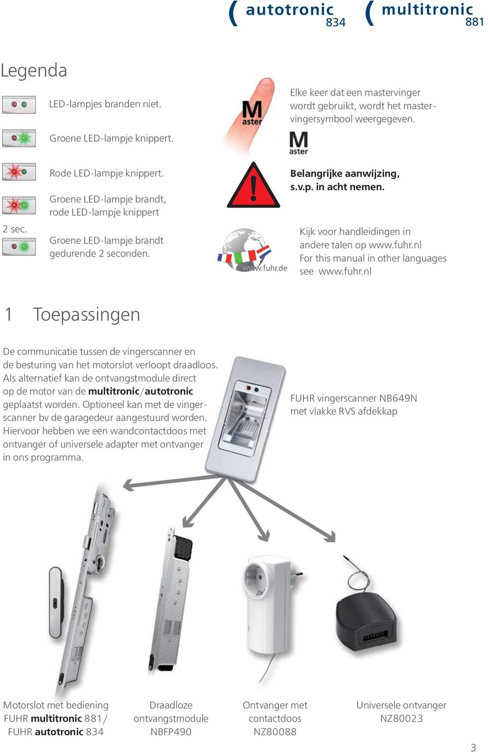 Kijk voor handleidingen in andere talen op www.fuhr.nl For this manual in other languages see www.fuhr.nl 1 Toepassingen De communicatie tussen de vingerscanner en de besturing van het motorslot verloopt draadloos.