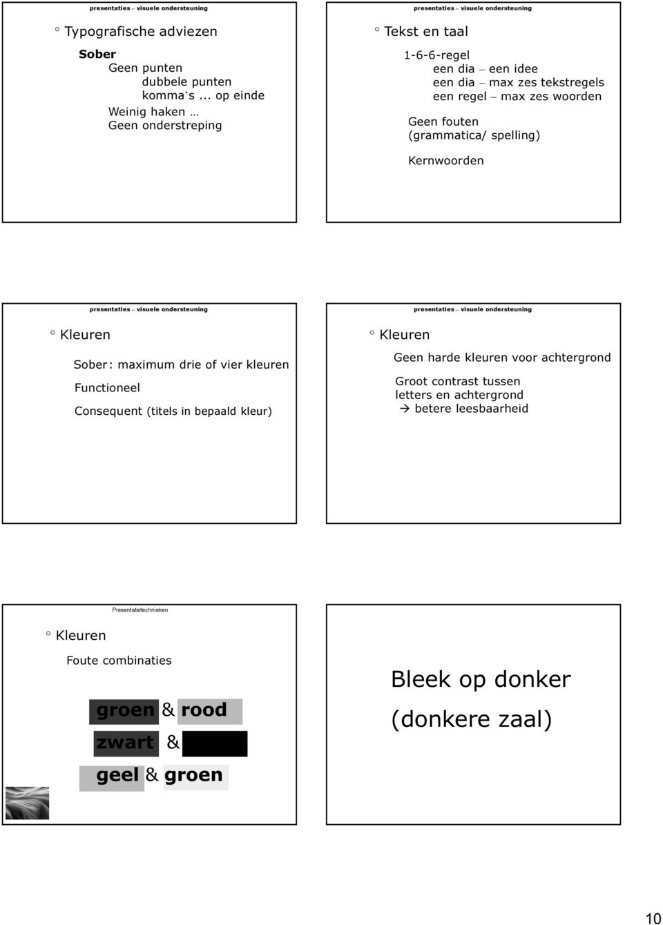 Geen fouten (grammatica/ spelling) Kernwoorden Kleuren Sober: maximum drie of vier kleuren Functioneel Consequent (titels in bepaald kleur)