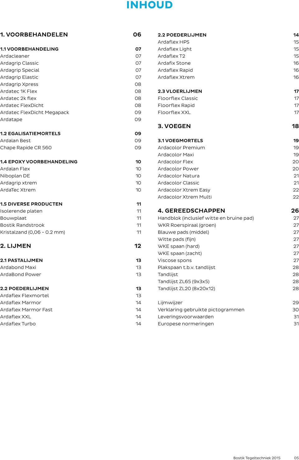 Megapack 09 Ardatape 09 1.2 EGALISATIEMORTELS 09 Ardalan Best 09 Chape Rapide CR 560 09 1.4 EPOXY VOORBEHANDELING 10 Ardalan Flex 10 Niboplan DE 10 Ardagrip xtrem 10 ArdaTec Xtrem 10 1.