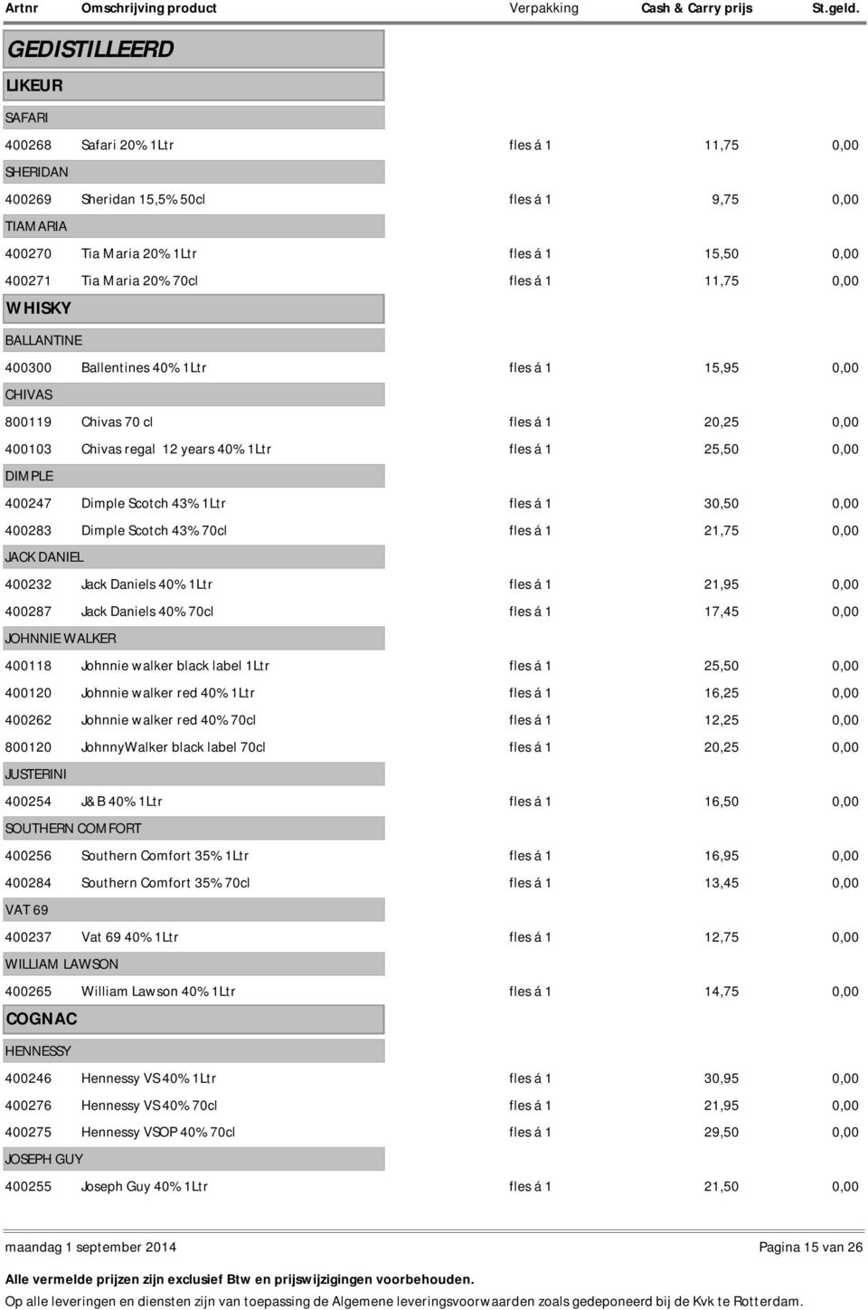 DIMPLE 400247 Dimple Scotch 43% 1Ltr fles á 1 30,50 0,00 400283 Dimple Scotch 43% 70cl fles á 1 21,75 0,00 JACK DANIEL 400232 Jack Daniels 40% 1Ltr fles á 1 21,95 0,00 400287 Jack Daniels 40% 70cl