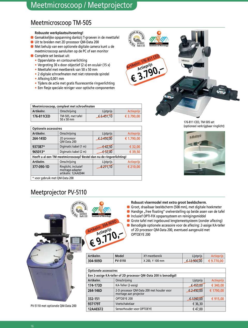 of een monitor aacomplete set bestaat uit: Oppervlakte- en contourverlichting Vergroting 30 x door objectief (2 x) en oculair (15 x) Meettafel met meetbereik van 50 x 50 2 digitale schroefmaten met